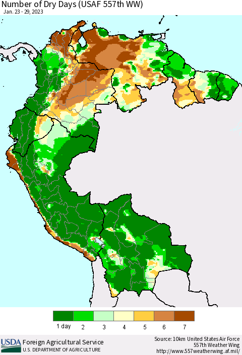 Northern South America Number of Dry Days (USAF 557th WW) Thematic Map For 1/23/2023 - 1/29/2023