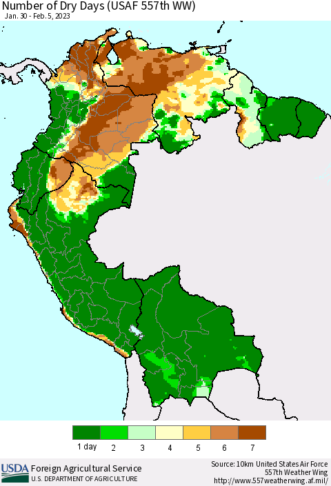 Northern South America Number of Dry Days (USAF 557th WW) Thematic Map For 1/30/2023 - 2/5/2023