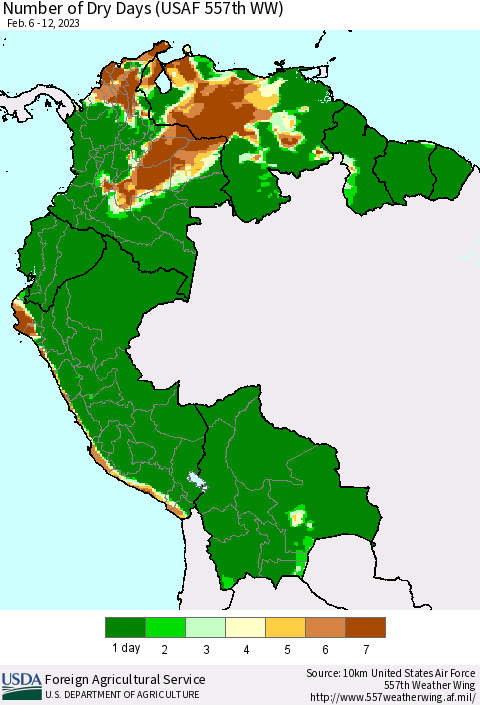 Northern South America Number of Dry Days (USAF 557th WW) Thematic Map For 2/6/2023 - 2/12/2023