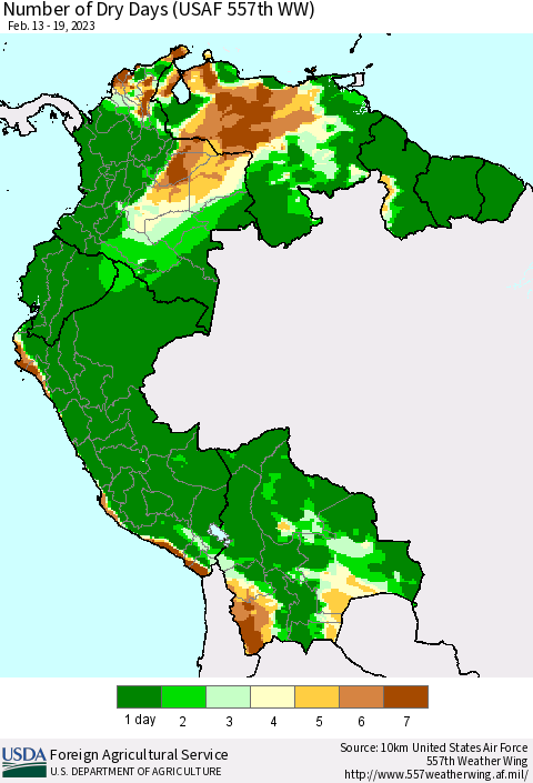 Northern South America Number of Dry Days (USAF 557th WW) Thematic Map For 2/13/2023 - 2/19/2023