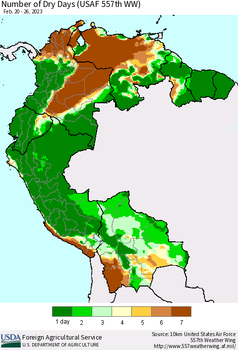 Northern South America Number of Dry Days (USAF 557th WW) Thematic Map For 2/20/2023 - 2/26/2023