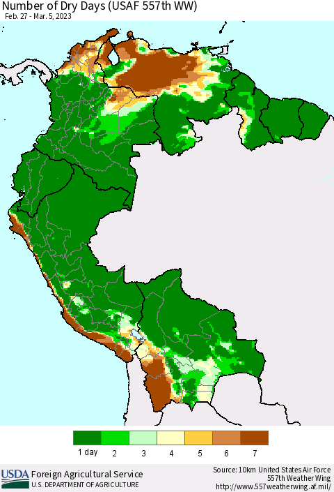 Northern South America Number of Dry Days (USAF 557th WW) Thematic Map For 2/27/2023 - 3/5/2023