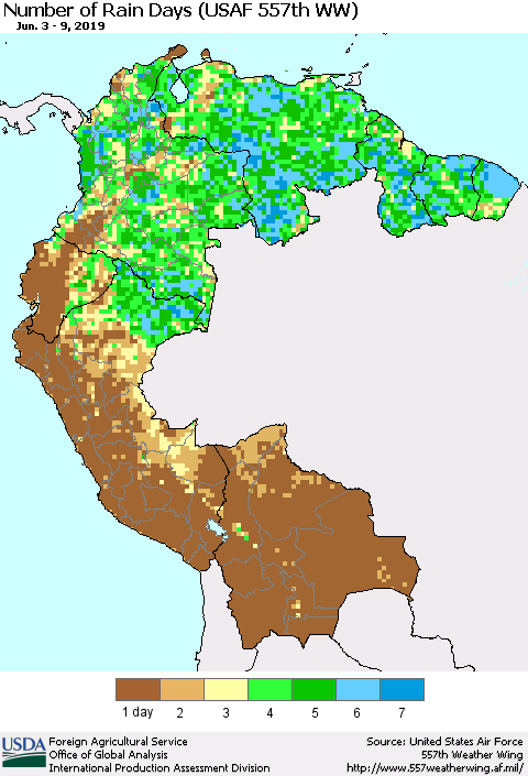 Northern South America Number of Rain Days (USAF 557th WW) Thematic Map For 6/3/2019 - 6/9/2019