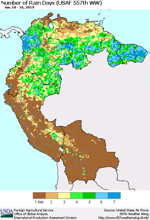 Northern South America Number of Rain Days (USAF 557th WW) Thematic Map For 6/10/2019 - 6/16/2019