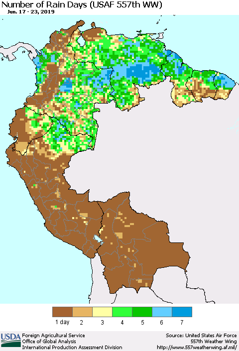 Northern South America Number of Rain Days (USAF 557th WW) Thematic Map For 6/17/2019 - 6/23/2019