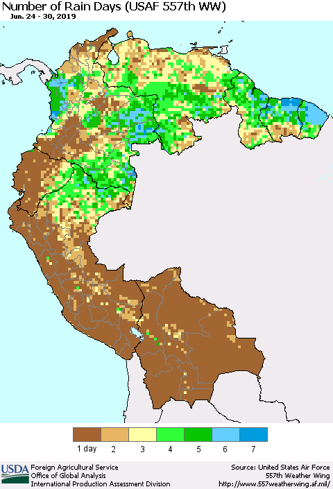 Northern South America Number of Rain Days (USAF 557th WW) Thematic Map For 6/24/2019 - 6/30/2019