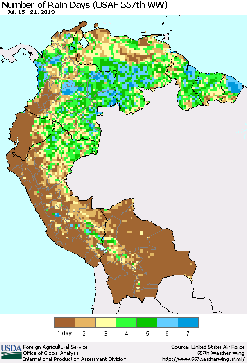 Northern South America Number of Rain Days (USAF 557th WW) Thematic Map For 7/15/2019 - 7/21/2019