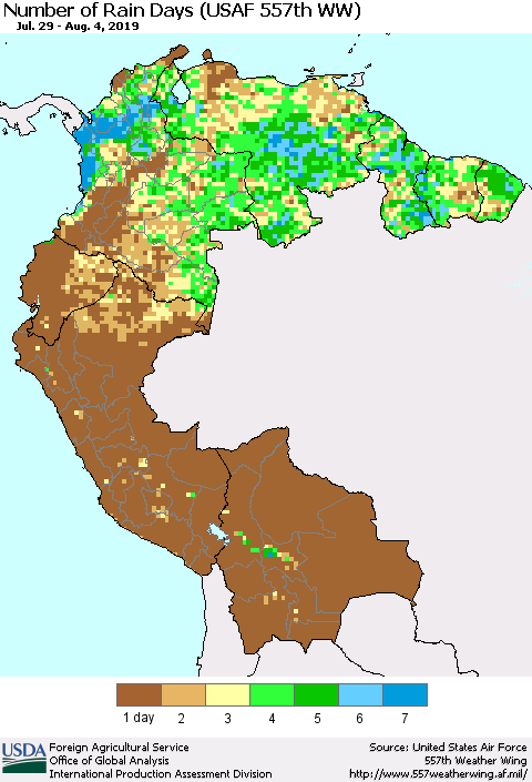 Northern South America Number of Rain Days (USAF 557th WW) Thematic Map For 7/29/2019 - 8/4/2019