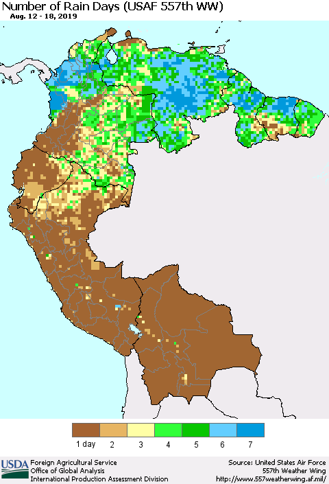 Northern South America Number of Rain Days (USAF 557th WW) Thematic Map For 8/12/2019 - 8/18/2019