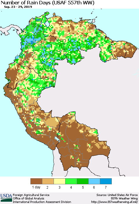 Northern South America Number of Rain Days (USAF 557th WW) Thematic Map For 9/23/2019 - 9/29/2019