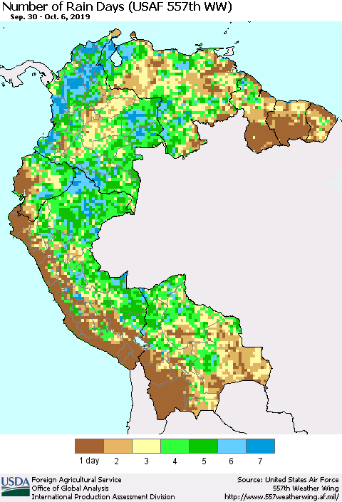 Northern South America Number of Rain Days (USAF 557th WW) Thematic Map For 9/30/2019 - 10/6/2019