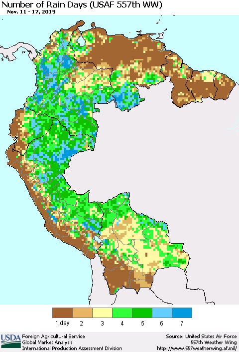 Northern South America Number of Rain Days (USAF 557th WW) Thematic Map For 11/11/2019 - 11/17/2019