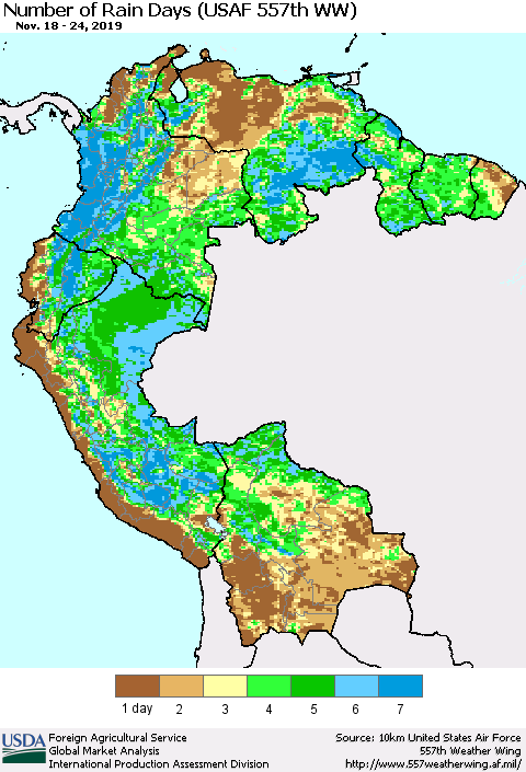 Northern South America Number of Rain Days (USAF 557th WW) Thematic Map For 11/18/2019 - 11/24/2019