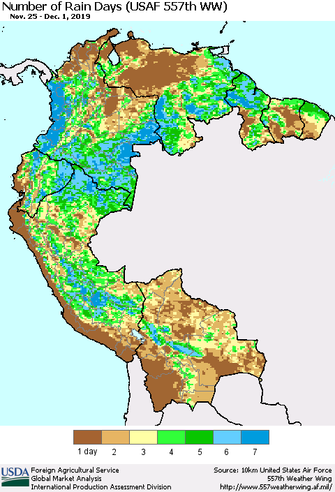 Northern South America Number of Rain Days (USAF 557th WW) Thematic Map For 11/25/2019 - 12/1/2019