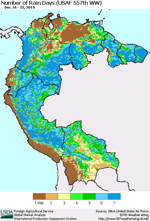 Northern South America Number of Rain Days (USAF 557th WW) Thematic Map For 12/16/2019 - 12/22/2019