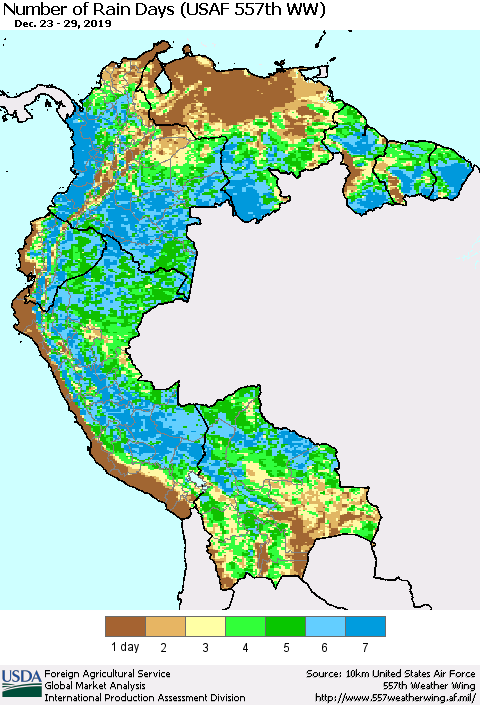 Northern South America Number of Rain Days (USAF 557th WW) Thematic Map For 12/23/2019 - 12/29/2019
