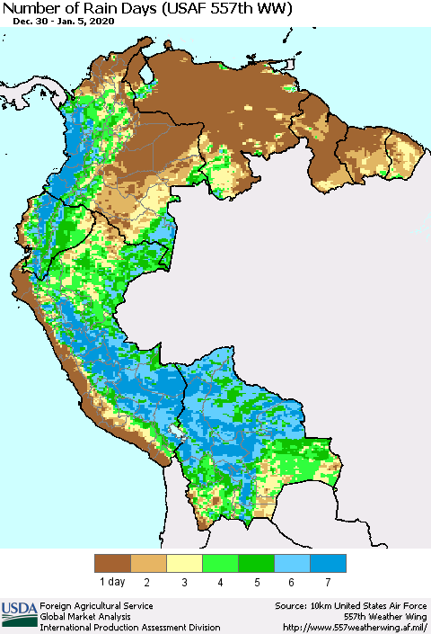 Northern South America Number of Rain Days (USAF 557th WW) Thematic Map For 12/30/2019 - 1/5/2020