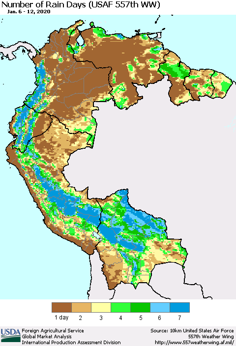 Northern South America Number of Rain Days (USAF 557th WW) Thematic Map For 1/6/2020 - 1/12/2020