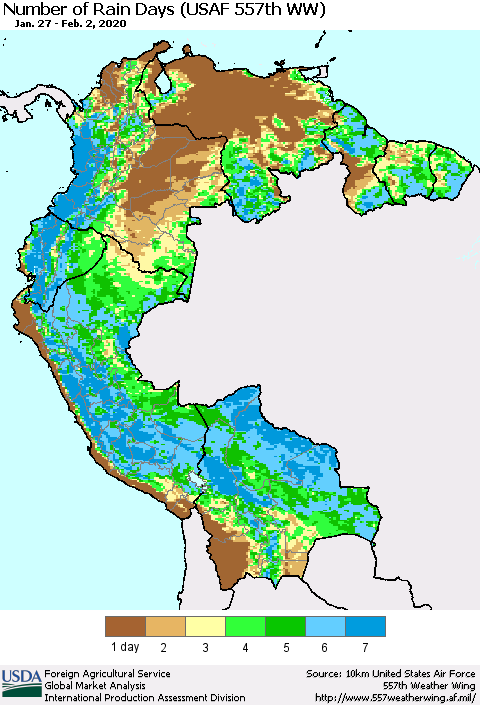 Northern South America Number of Rain Days (USAF 557th WW) Thematic Map For 1/27/2020 - 2/2/2020
