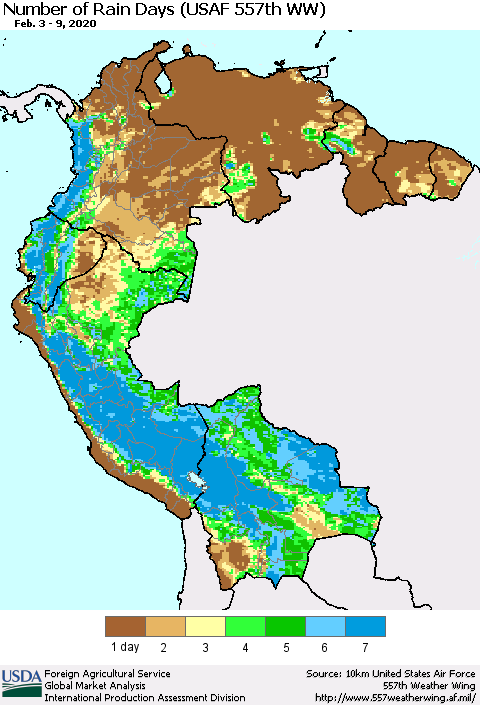 Northern South America Number of Rain Days (USAF 557th WW) Thematic Map For 2/3/2020 - 2/9/2020