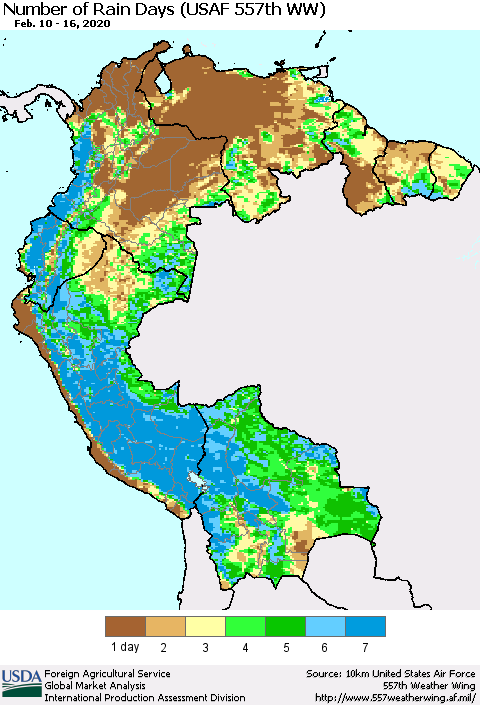 Northern South America Number of Rain Days (USAF 557th WW) Thematic Map For 2/10/2020 - 2/16/2020