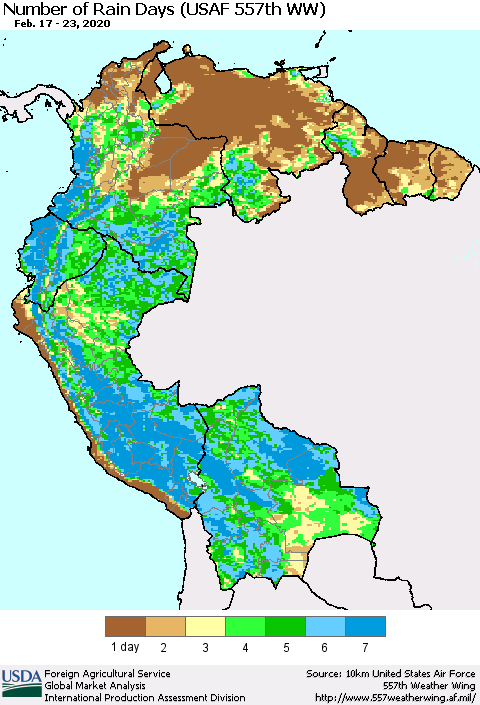 Northern South America Number of Rain Days (USAF 557th WW) Thematic Map For 2/17/2020 - 2/23/2020