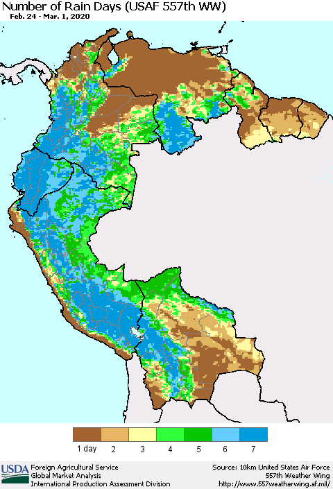 Northern South America Number of Rain Days (USAF 557th WW) Thematic Map For 2/24/2020 - 3/1/2020