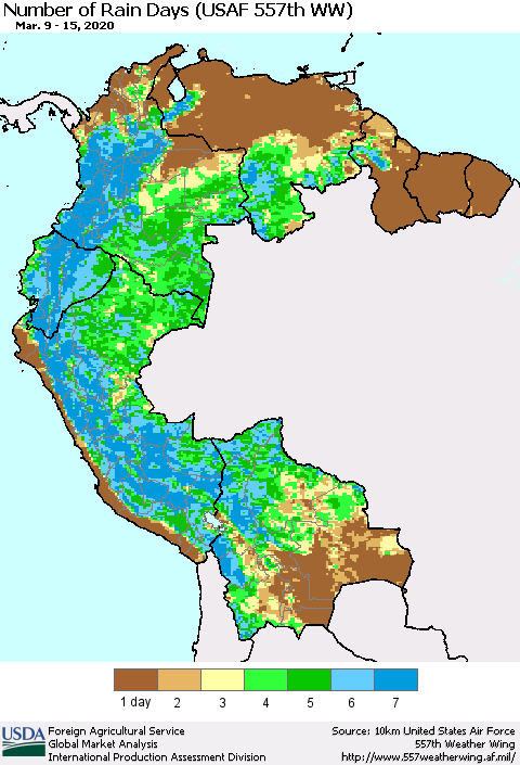 Northern South America Number of Rain Days (USAF 557th WW) Thematic Map For 3/9/2020 - 3/15/2020