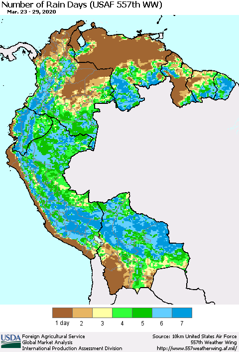 Northern South America Number of Rain Days (USAF 557th WW) Thematic Map For 3/23/2020 - 3/29/2020
