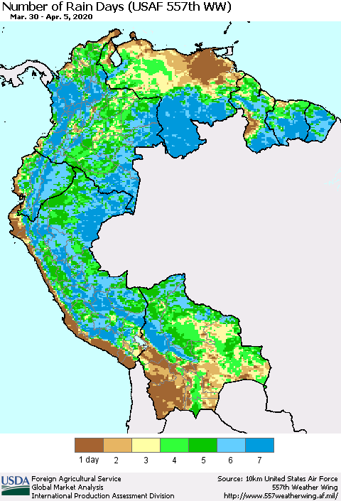 Northern South America Number of Rain Days (USAF 557th WW) Thematic Map For 3/30/2020 - 4/5/2020