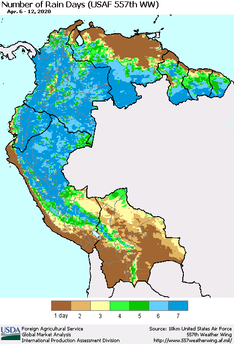 Northern South America Number of Rain Days (USAF 557th WW) Thematic Map For 4/6/2020 - 4/12/2020