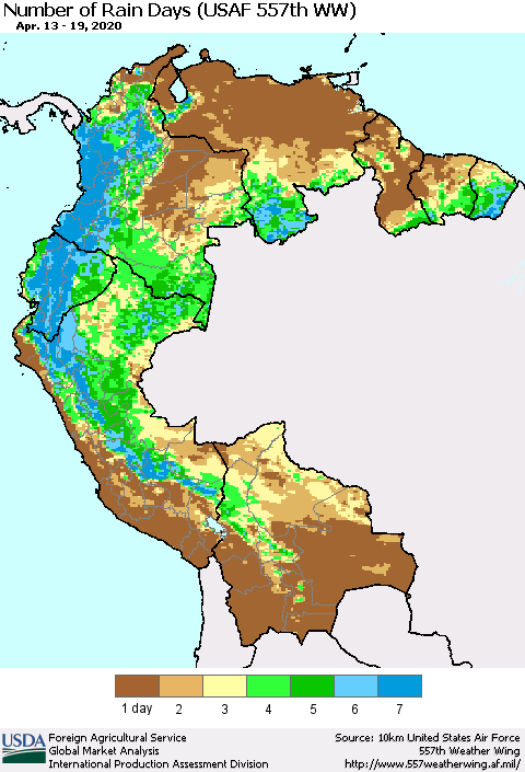 Northern South America Number of Rain Days (USAF 557th WW) Thematic Map For 4/13/2020 - 4/19/2020