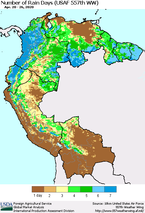 Northern South America Number of Rain Days (USAF 557th WW) Thematic Map For 4/20/2020 - 4/26/2020