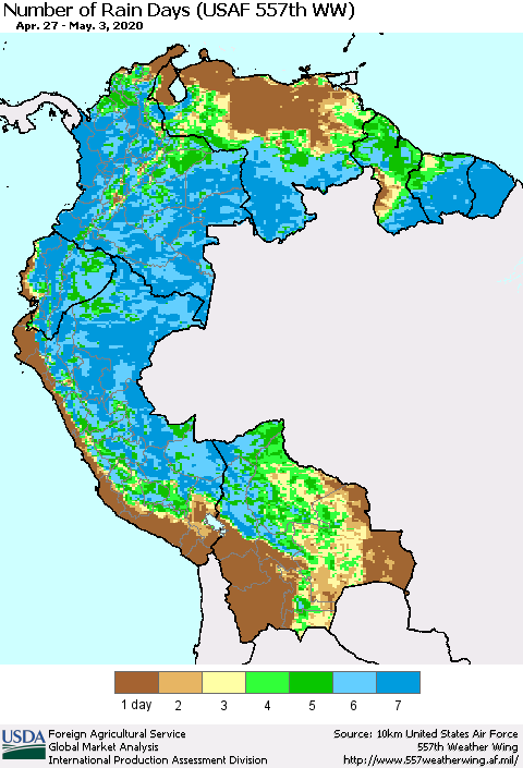 Northern South America Number of Rain Days (USAF 557th WW) Thematic Map For 4/27/2020 - 5/3/2020