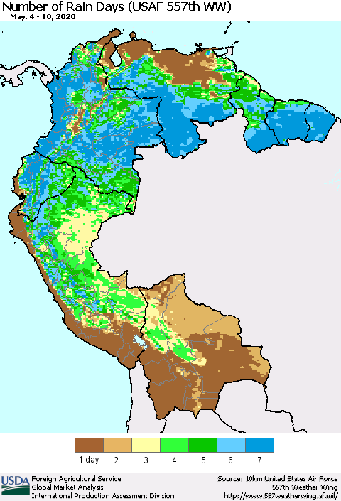 Northern South America Number of Rain Days (USAF 557th WW) Thematic Map For 5/4/2020 - 5/10/2020