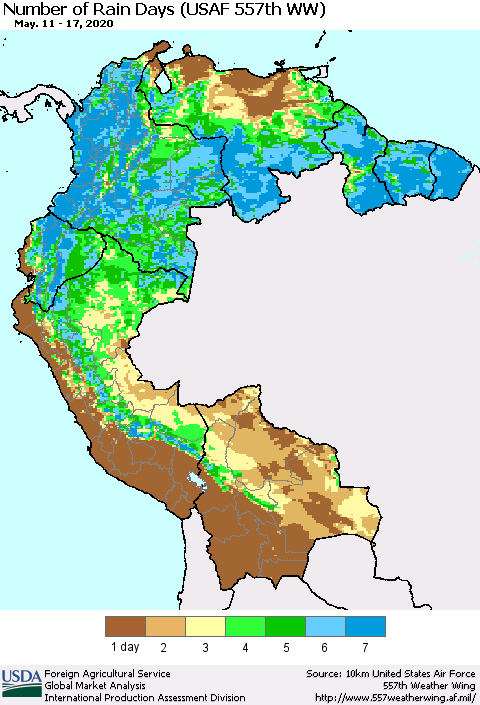 Northern South America Number of Rain Days (USAF 557th WW) Thematic Map For 5/11/2020 - 5/17/2020