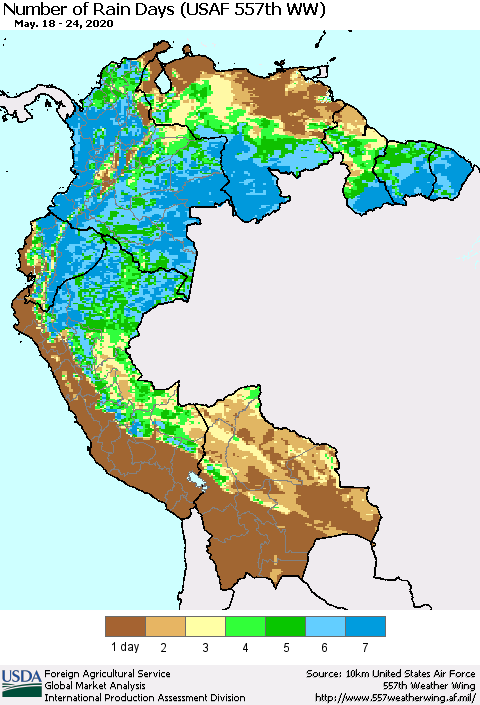Northern South America Number of Rain Days (USAF 557th WW) Thematic Map For 5/18/2020 - 5/24/2020