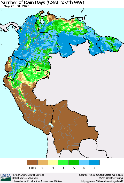 Northern South America Number of Rain Days (USAF 557th WW) Thematic Map For 5/25/2020 - 5/31/2020