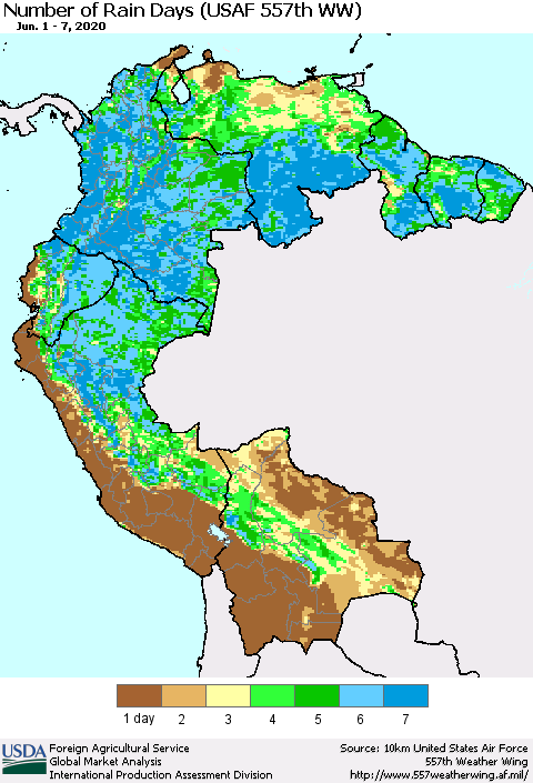 Northern South America Number of Rain Days (USAF 557th WW) Thematic Map For 6/1/2020 - 6/7/2020