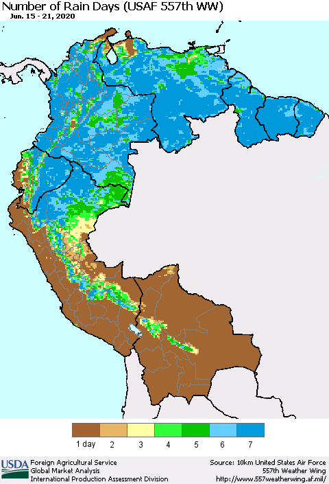 Northern South America Number of Rain Days (USAF 557th WW) Thematic Map For 6/15/2020 - 6/21/2020