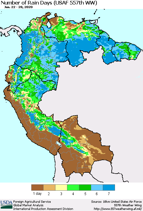Northern South America Number of Rain Days (USAF 557th WW) Thematic Map For 6/22/2020 - 6/28/2020