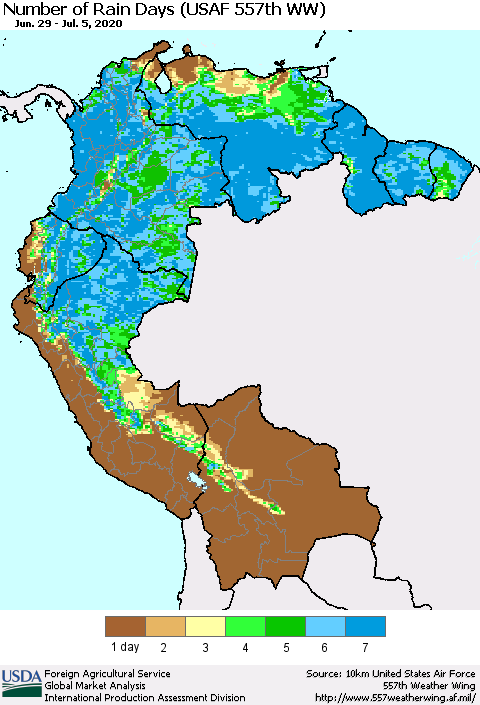 Northern South America Number of Rain Days (USAF 557th WW) Thematic Map For 6/29/2020 - 7/5/2020