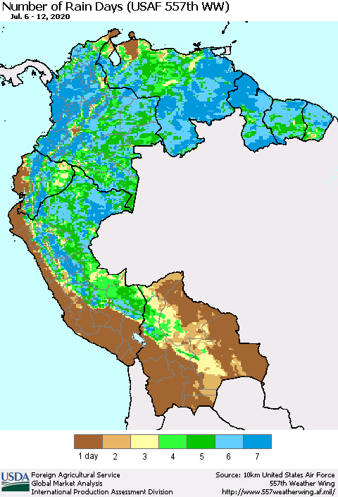 Northern South America Number of Rain Days (USAF 557th WW) Thematic Map For 7/6/2020 - 7/12/2020