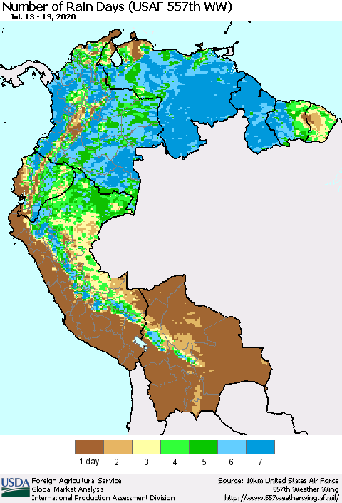 Northern South America Number of Rain Days (USAF 557th WW) Thematic Map For 7/13/2020 - 7/19/2020