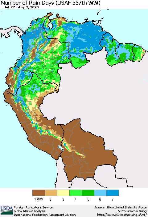 Northern South America Number of Rain Days (USAF 557th WW) Thematic Map For 7/27/2020 - 8/2/2020