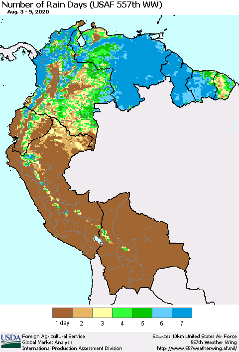 Northern South America Number of Rain Days (USAF 557th WW) Thematic Map For 8/3/2020 - 8/9/2020