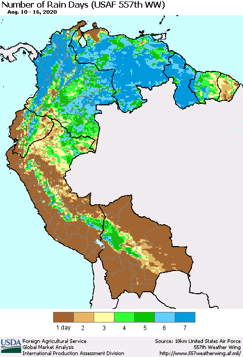 Northern South America Number of Rain Days (USAF 557th WW) Thematic Map For 8/10/2020 - 8/16/2020