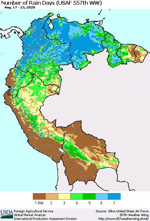 Northern South America Number of Rain Days (USAF 557th WW) Thematic Map For 8/17/2020 - 8/23/2020