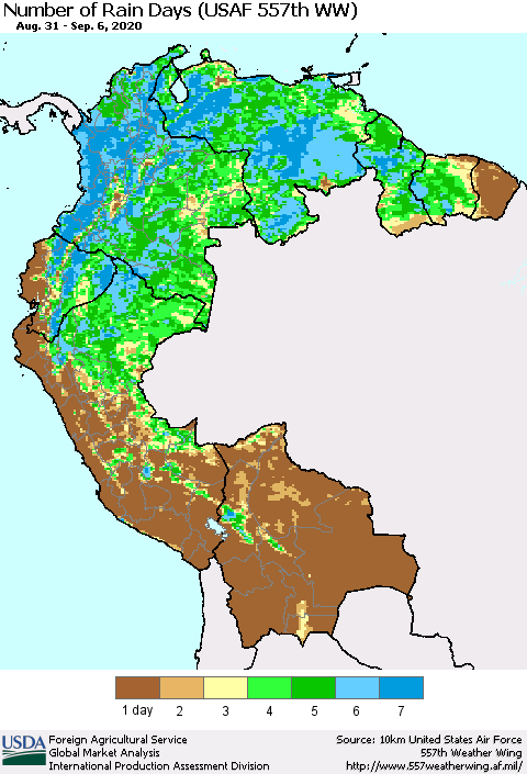 Northern South America Number of Rain Days (USAF 557th WW) Thematic Map For 8/31/2020 - 9/6/2020