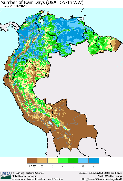 Northern South America Number of Rain Days (USAF 557th WW) Thematic Map For 9/7/2020 - 9/13/2020